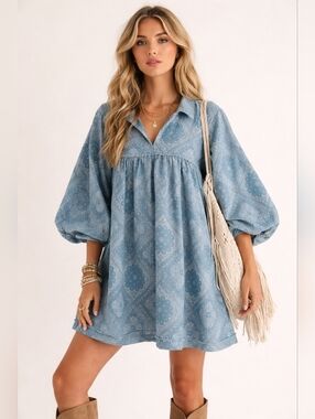 Umgee Light Blue Paisley Patchwork Chambray Tunic, M, Balloon Sleeve, Oversized